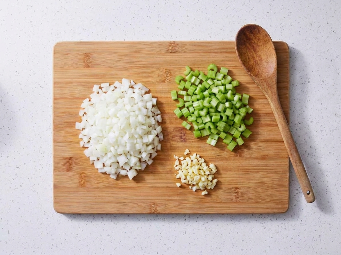 A cutting board with diced onion and celery and minced garlic in neat piles, ready for cooking