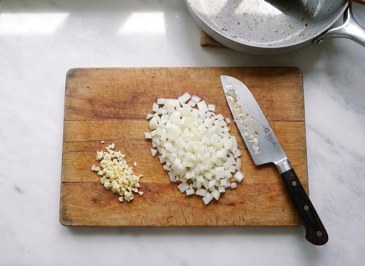 A cutting board with diced onion and minced garlic beside a chef’s knife on a kitchen counter