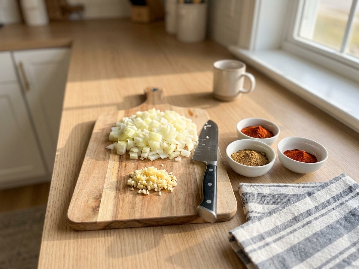 A cutting board with diced onion and minced garlic next to small bowls of chili powder, cumin, and smoked paprika on a kitchen counter, consistent warm lighting
