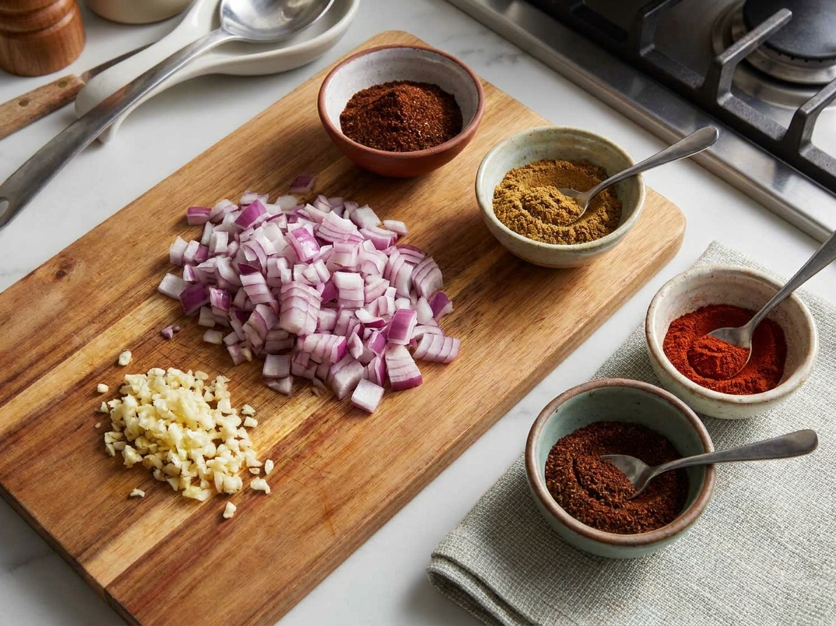 A cutting board with diced onion and minced garlic beside small bowls of chili powder, cumin, and smoked paprika on a kitchen counter