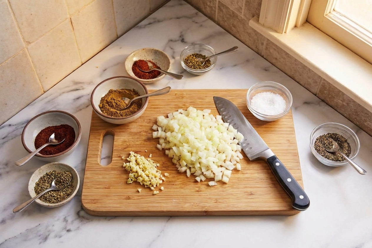 A cutting board with diced onion, minced garlic, and small bowls of cumin, chili powder, oregano, salt, and pepper ready for cooking