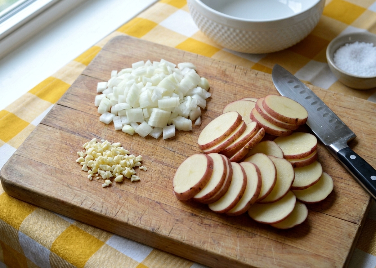 A cutting board with diced onion, minced garlic, and thinly sliced potatoes prepped for soup on a home kitchen counter