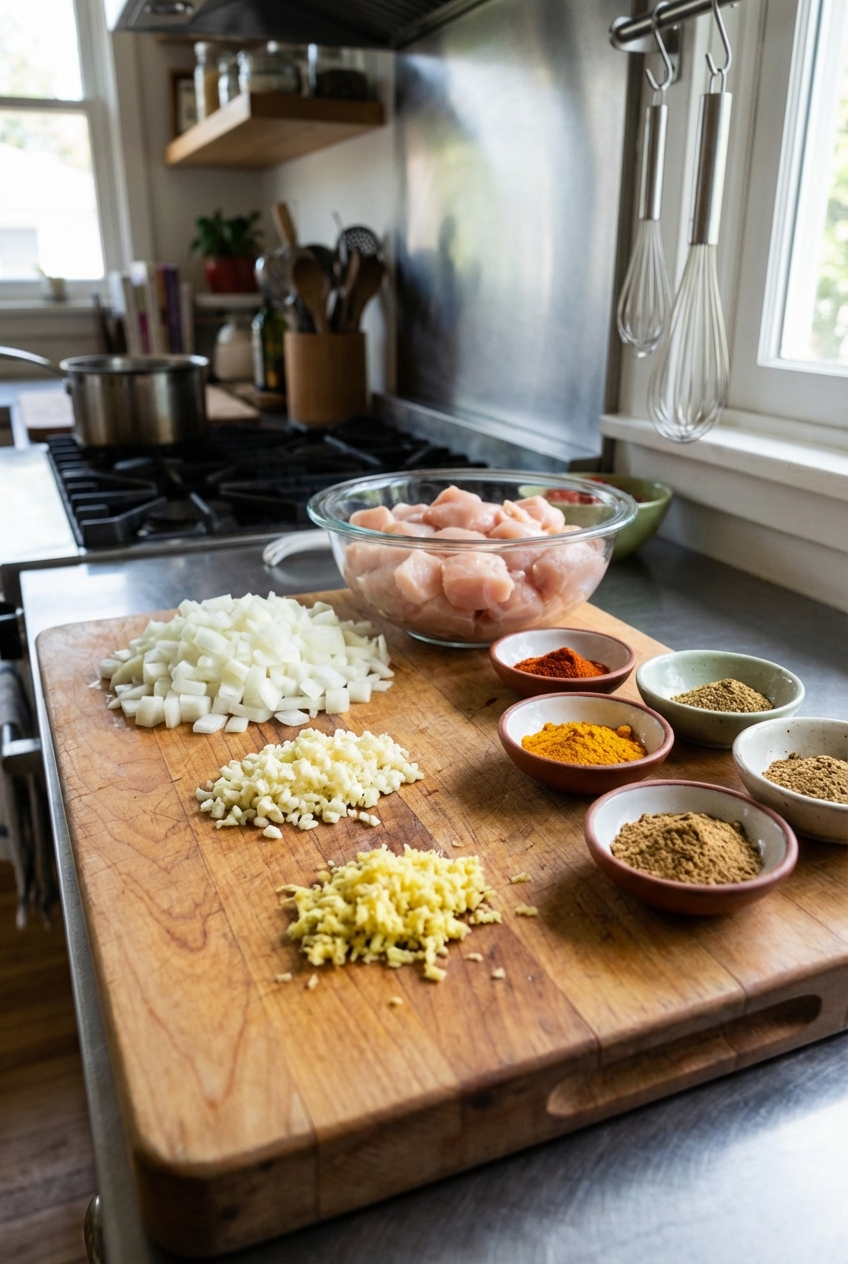 A cutting board with diced onion, minced garlic, grated ginger, and measured spices beside cubed chicken