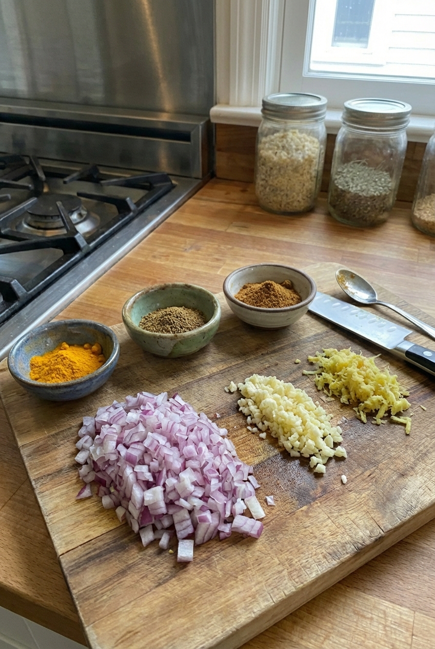 A cutting board with diced onion, minced garlic, grated ginger, and small bowls of curry spices ready to cook