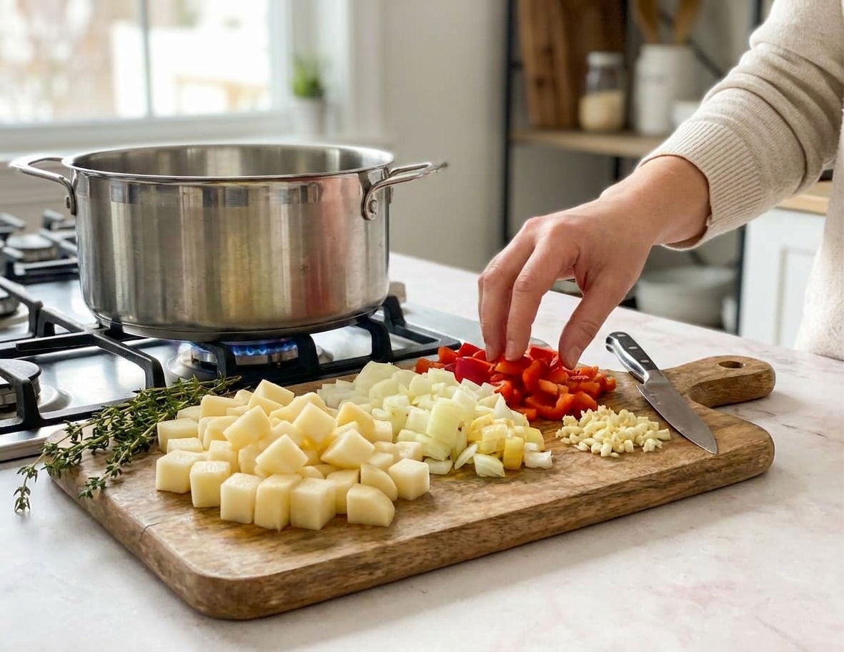 A cutting board with diced potatoes, chopped onion, chopped bell pepper, and minced garlic prepped and ready beside a large pot on the stove