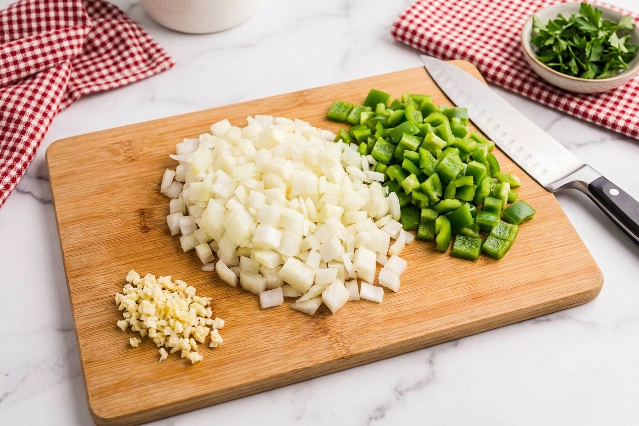 A cutting board with diced yellow onion, diced green bell pepper, and minced garlic prepped for cooking goulash