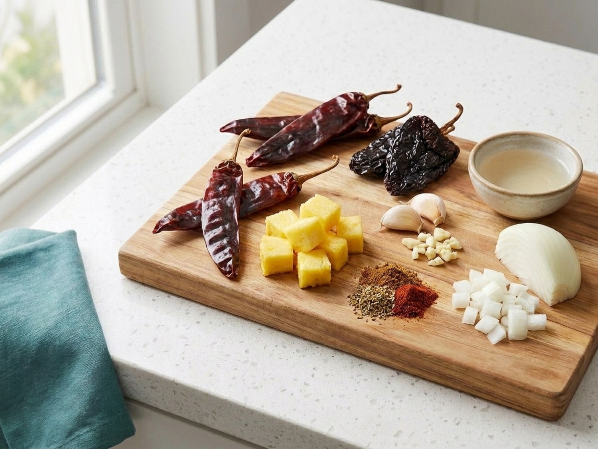 A cutting board with dried guajillo and ancho chiles, pineapple chunks, garlic, onion, spices, and a small bowl of vinegar on a bright kitchen counter