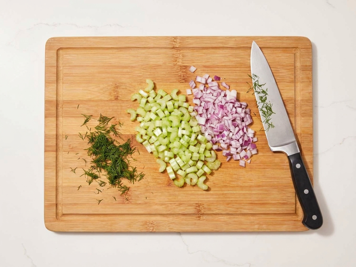 A cutting board with finely chopped celery, red onion, and fresh dill next to a knife on a kitchen counter