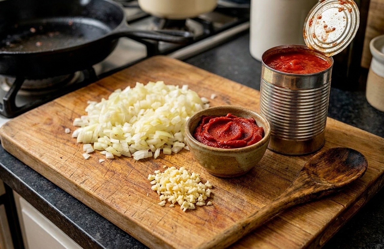 A cutting board with finely chopped onion and minced garlic beside a small bowl of tomato paste and a can of crushed tomatoes on a warm-lit kitchen counter