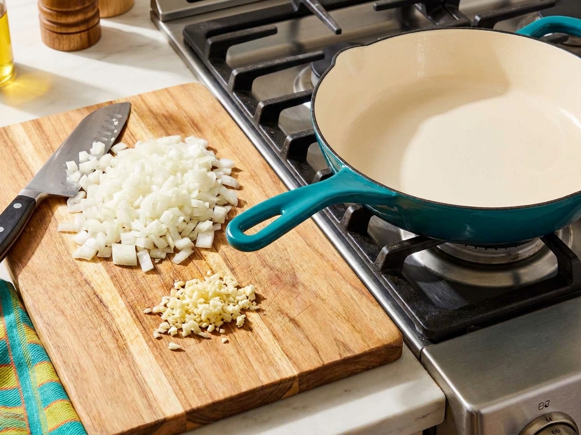 A cutting board with finely chopped onion and minced garlic next to a skillet on a stovetop, ready for cooking