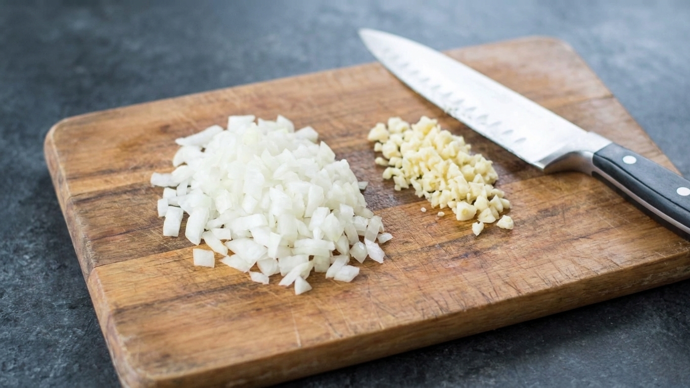 A cutting board with finely chopped onion and minced garlic beside a chef's knife on a kitchen counter