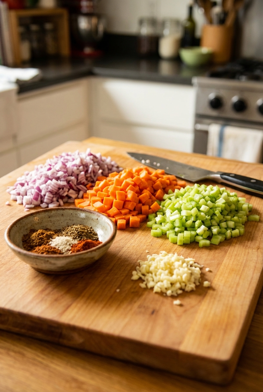 A cutting board with finely chopped onion, carrot, and celery next to minced garlic and a small bowl of spices