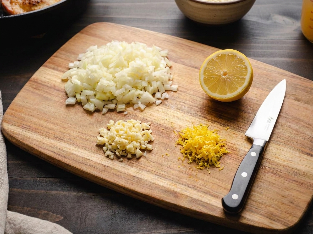 A cutting board with finely chopped onion, minced garlic, lemon zest, and a halved lemon ready for cooking