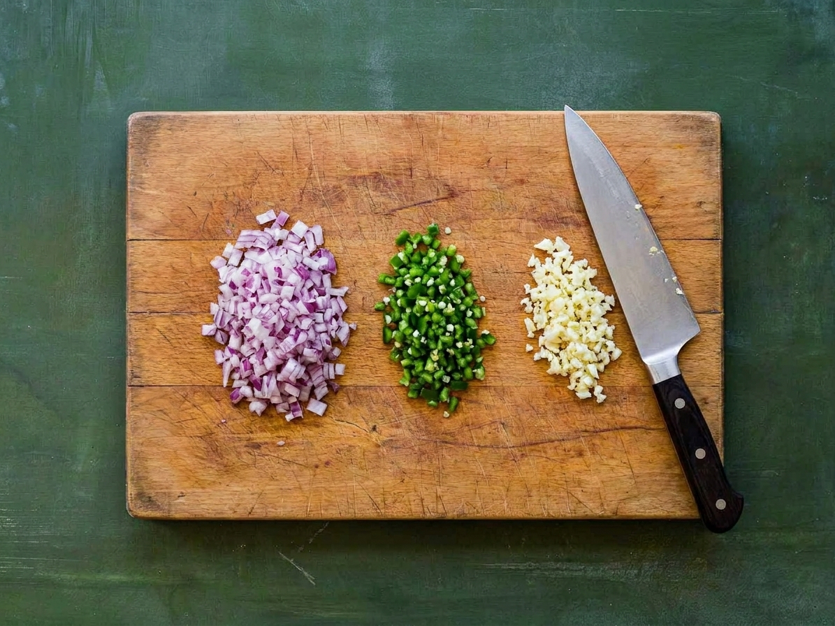 A cutting board with finely chopped red onion, minced jalapeno, and minced garlic arranged in small piles next to a chef's knife