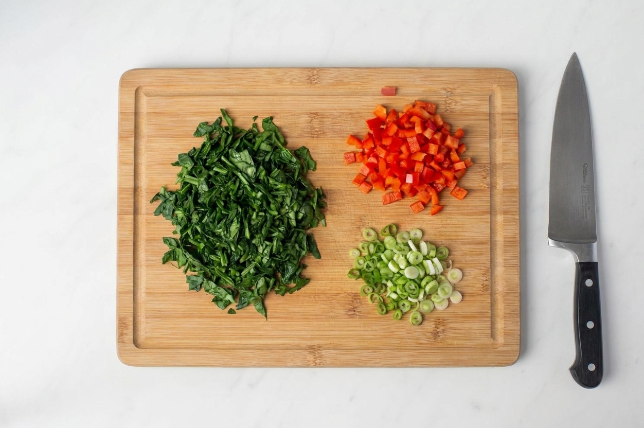 A cutting board with finely chopped spinach, diced red bell pepper, and sliced scallions next to a chef's knife on a kitchen counter
