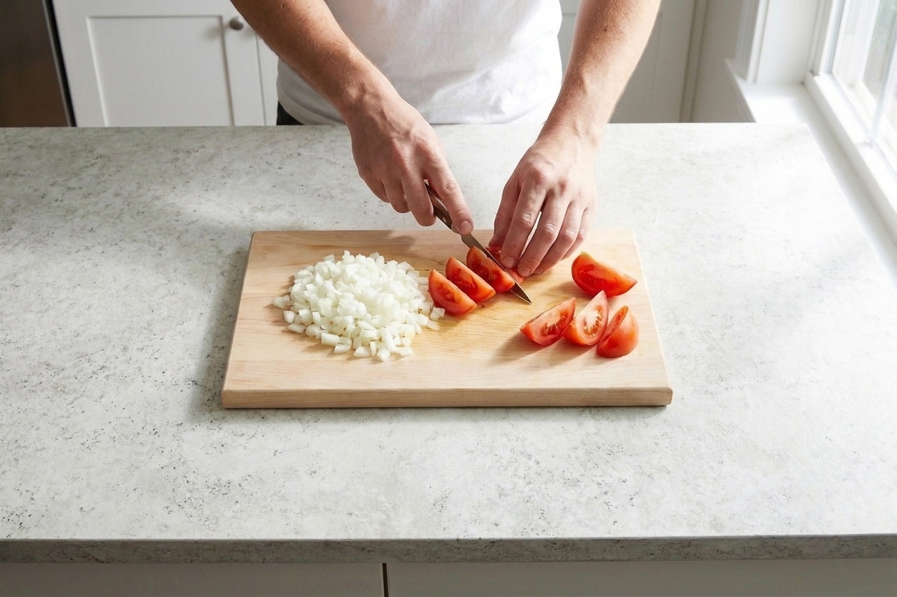 A cutting board with finely chopped white onion and tomato wedges prepared for topping hot dogs on a kitchen counter