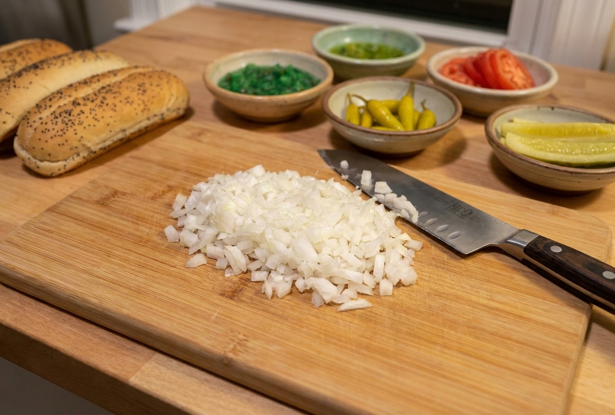 A cutting board with finely chopped white onion next to a knife, with hot dog buns and toppings blurred in the background