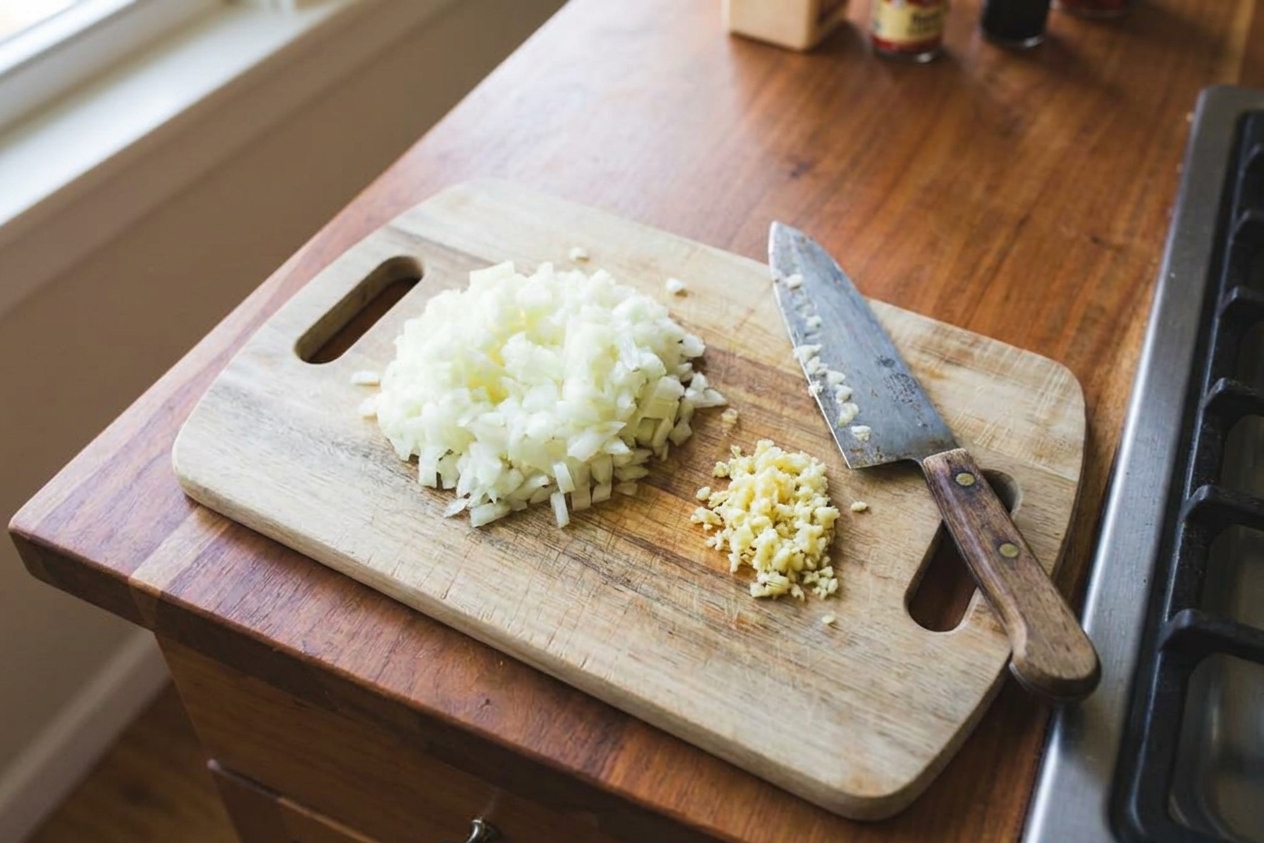 A cutting board with finely chopped yellow onion and a small pile of minced garlic beside a chef’s knife
