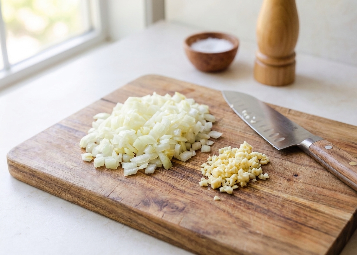 A cutting board with finely chopped yellow onion and minced garlic beside a chef's knife on a bright kitchen counter