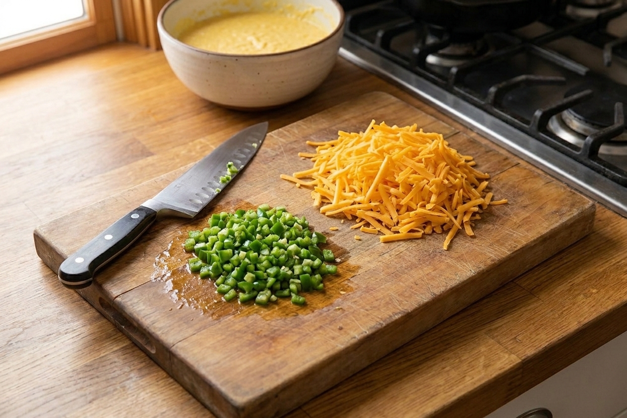 A cutting board with finely diced fresh jalapeños next to a small pile of shredded sharp cheddar, ready to be mixed into cornbread batter