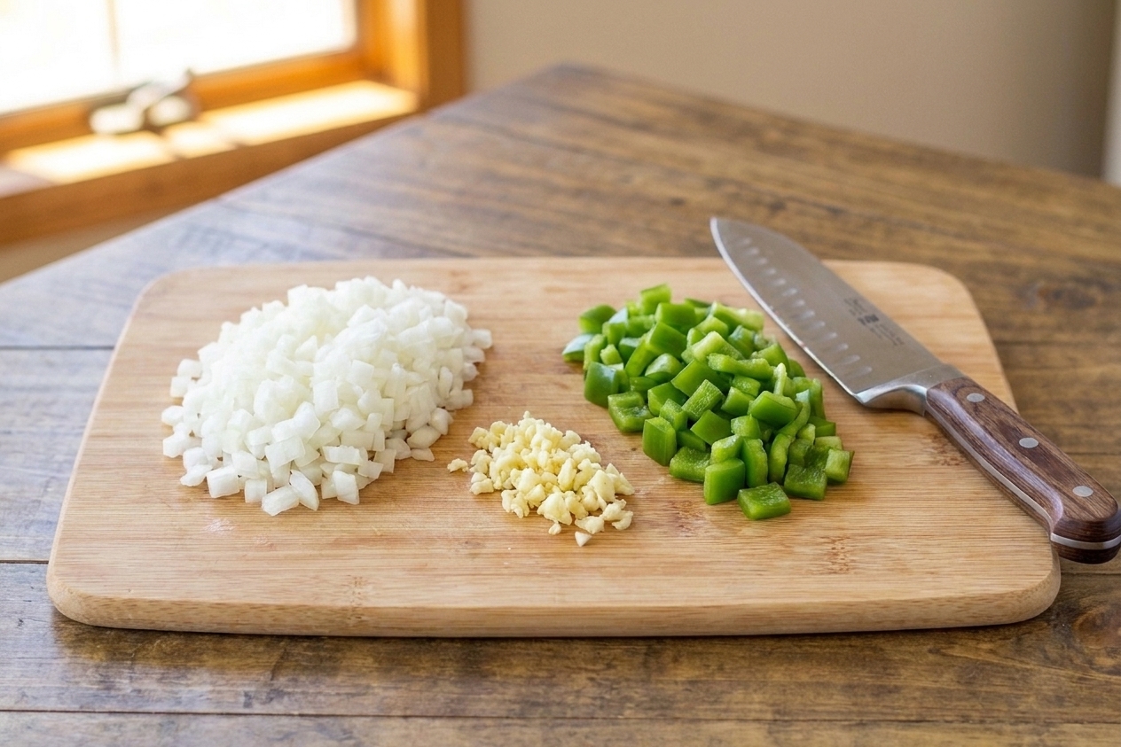 A cutting board with finely diced onion, minced garlic, and diced green bell pepper prepped for chili beside a chef’s knife