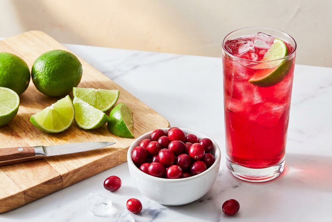 A cutting board with fresh lime wedges and a small bowl of cranberries beside a highball glass, set on a clean kitchen counter under soft warm lighting