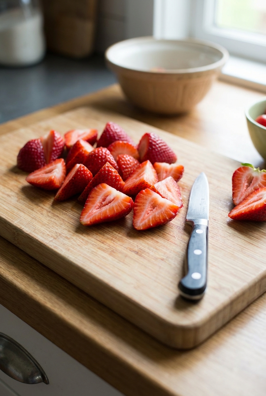 A cutting board with freshly sliced strawberries