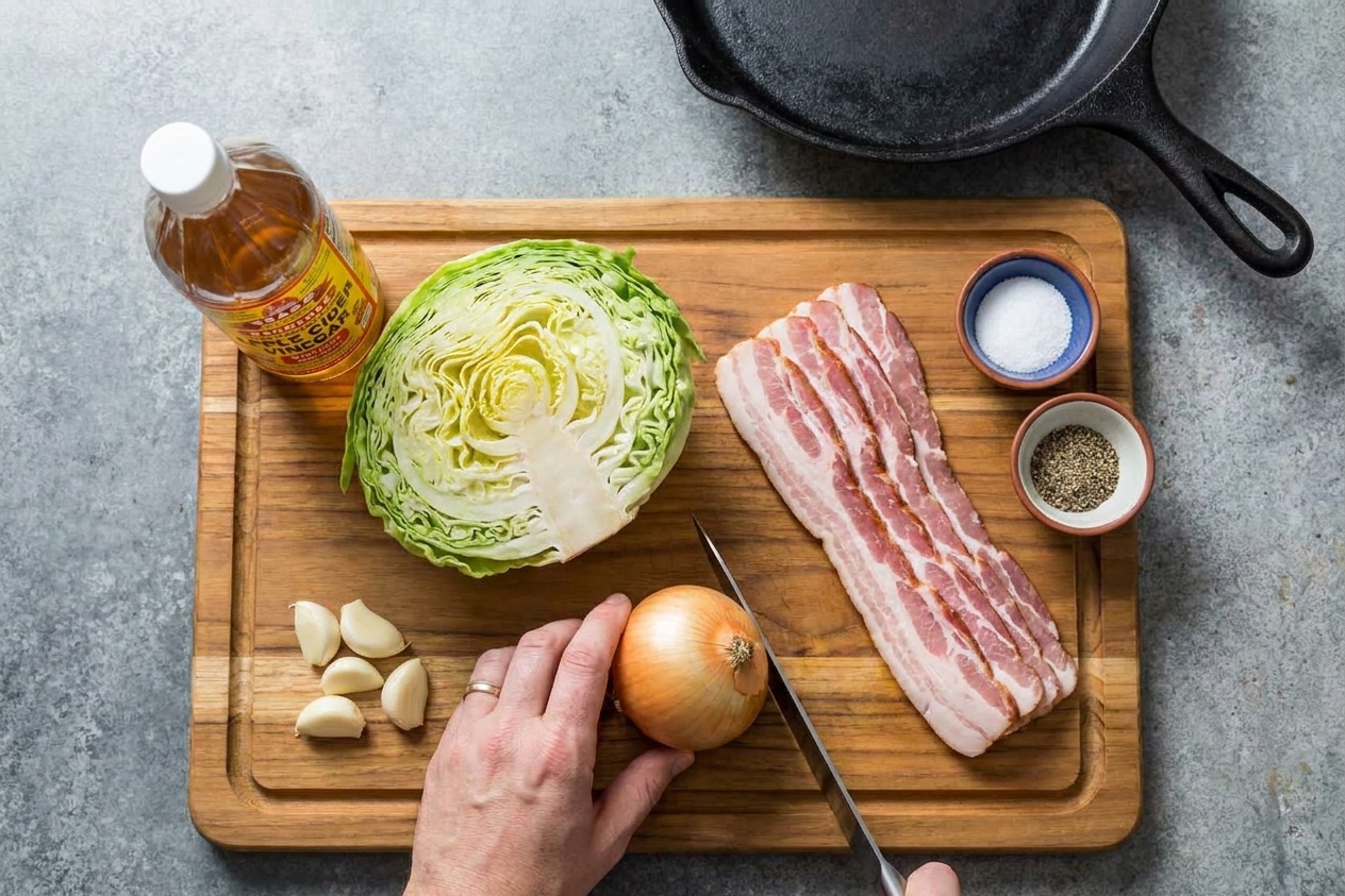 A cutting board with green cabbage, thick-cut bacon, a yellow onion, garlic, apple cider vinegar, and small bowls of salt and pepper