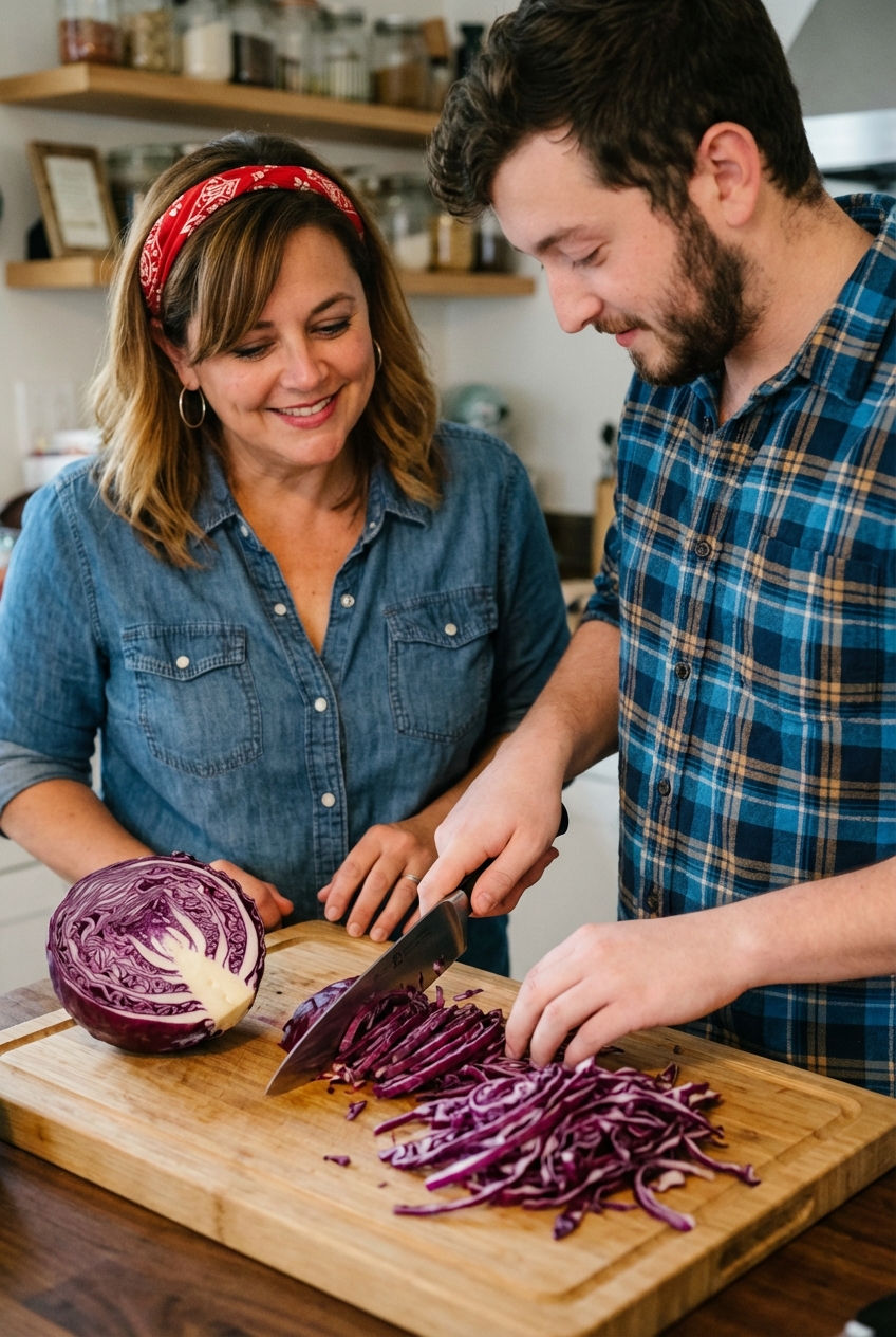 A cutting board with half a red cabbage, a chef's knife, and thinly sliced cabbage ribbons