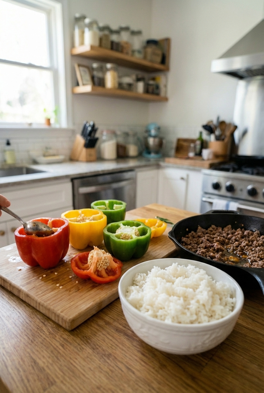 A cutting board with halved bell peppers being deseeded next to a bowl of cooked rice and a pan of browned ground beef
