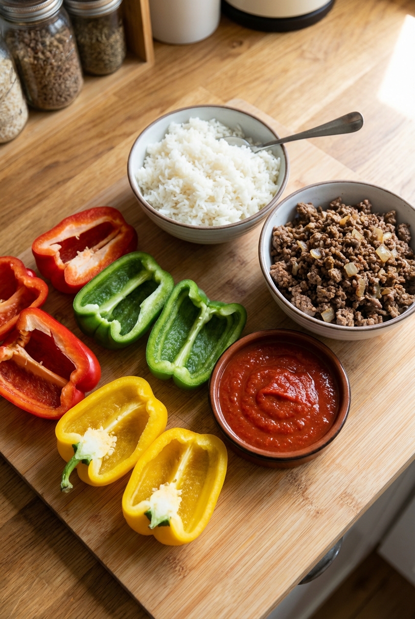 A cutting board with halved bell peppers, cooked rice, browned ground beef, and a bowl of tomato sauce ready for stuffing