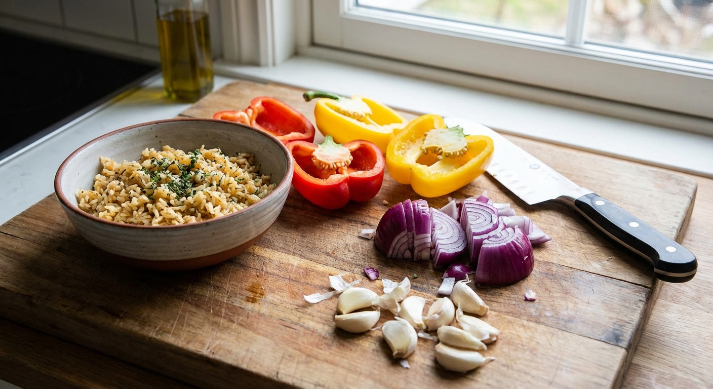 A cutting board with halved bell peppers, onion, garlic, and a bowl of cooked rice ready for stuffing