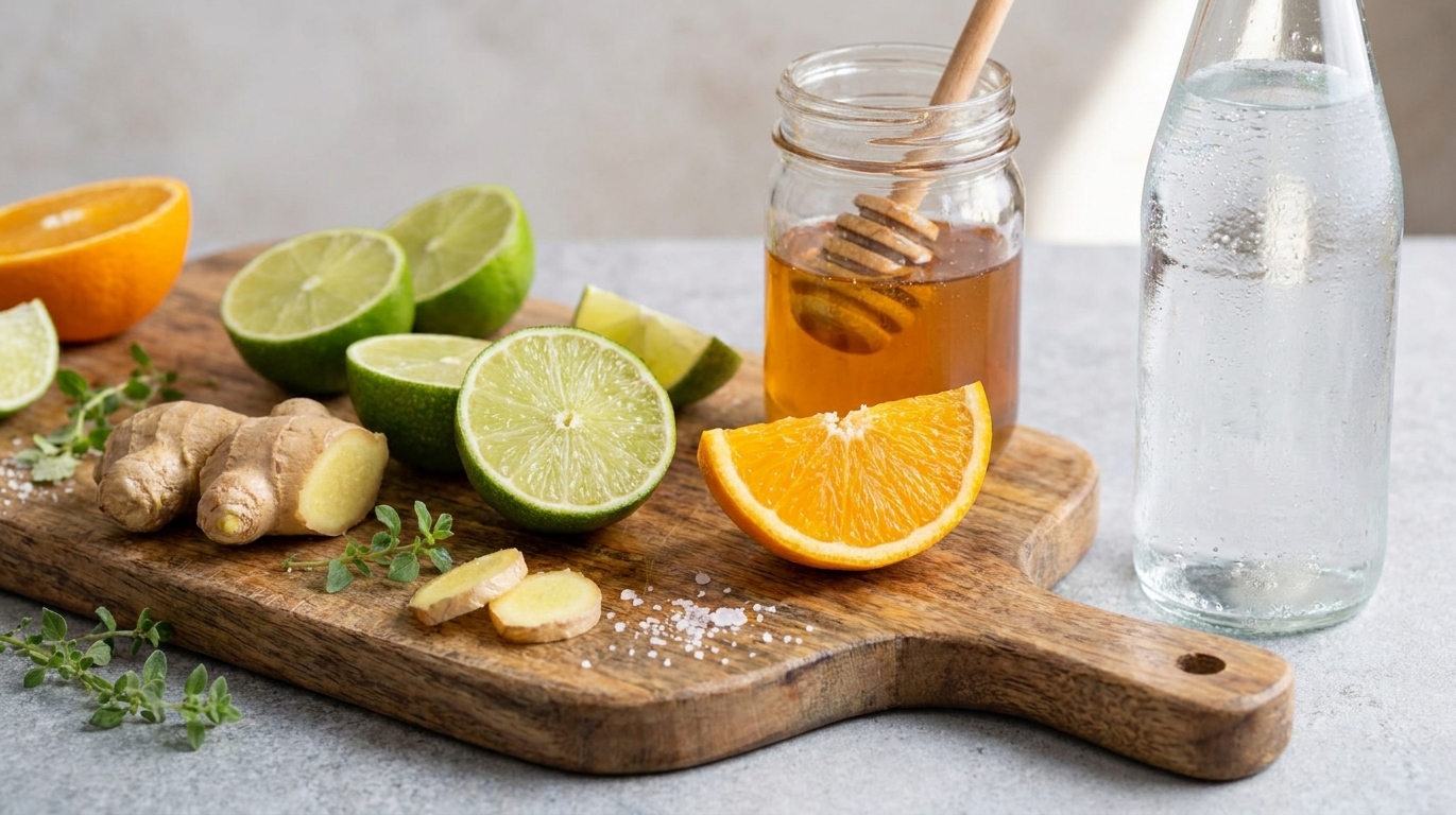 A cutting board with halved limes, an orange wedge, peeled ginger, and a small jar of honey beside a bottle of sparkling water