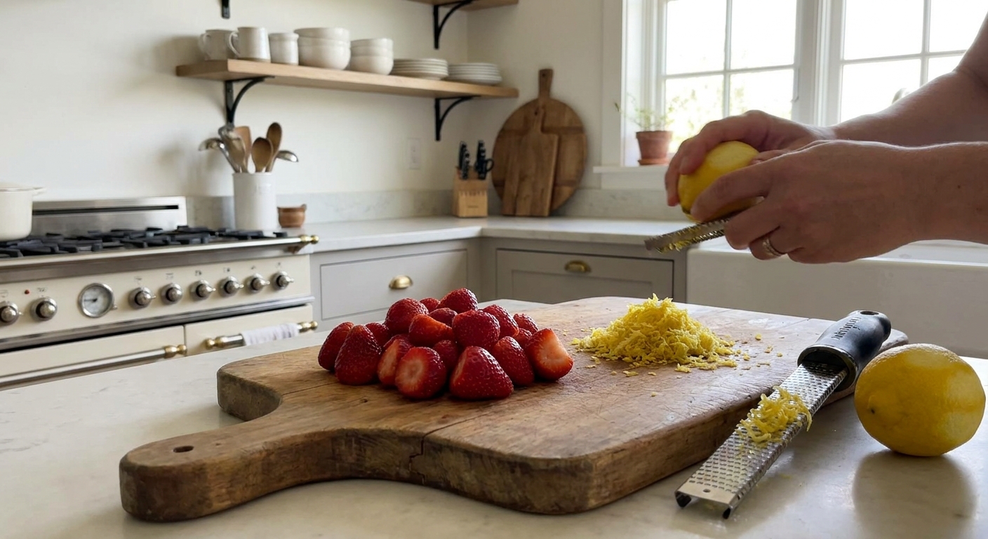 A cutting board with hulled strawberries and freshly zested lemon beside a microplane on a kitchen counter