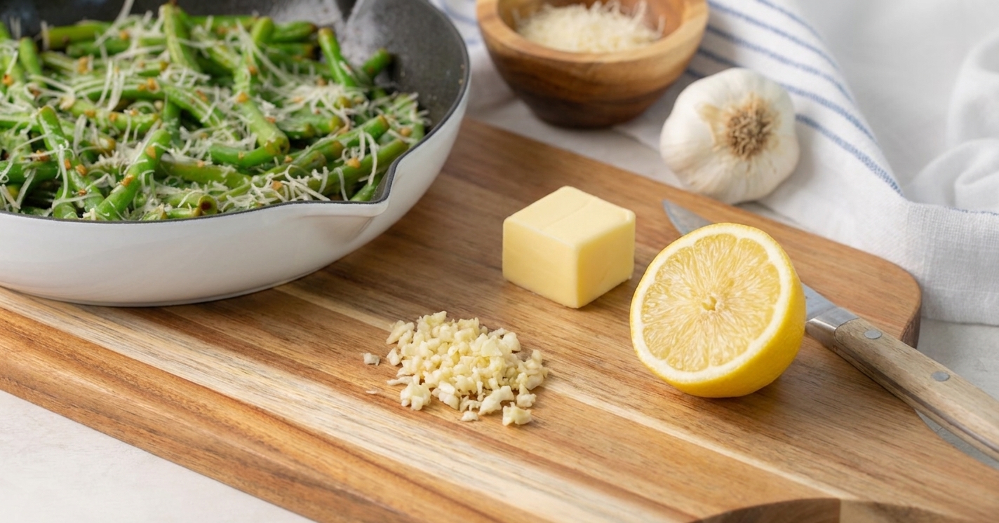 A cutting board with minced garlic, a pat of butter, and a halved lemon ready to finish sautéed frozen green beans