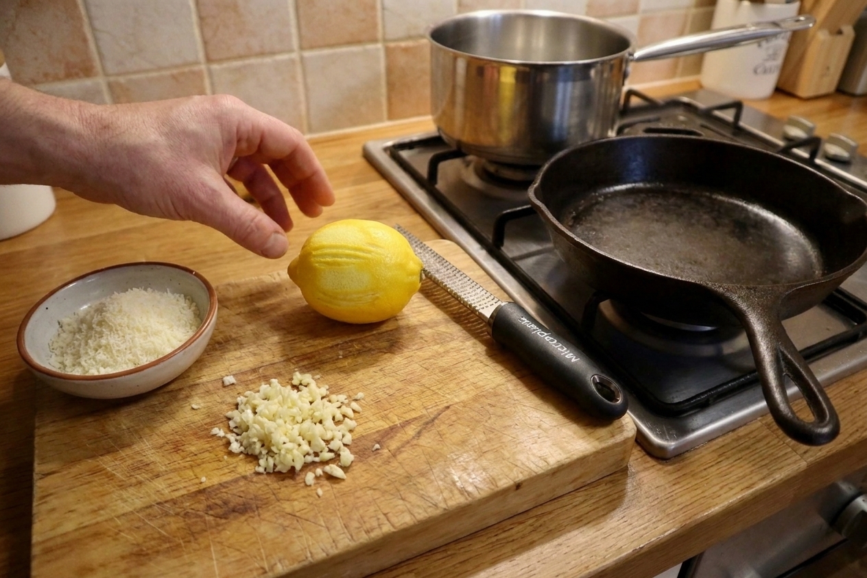 A cutting board with minced garlic, a whole lemon with zest, and a pile of freshly grated Parmesan next to a skillet and a pot on a home kitchen counter