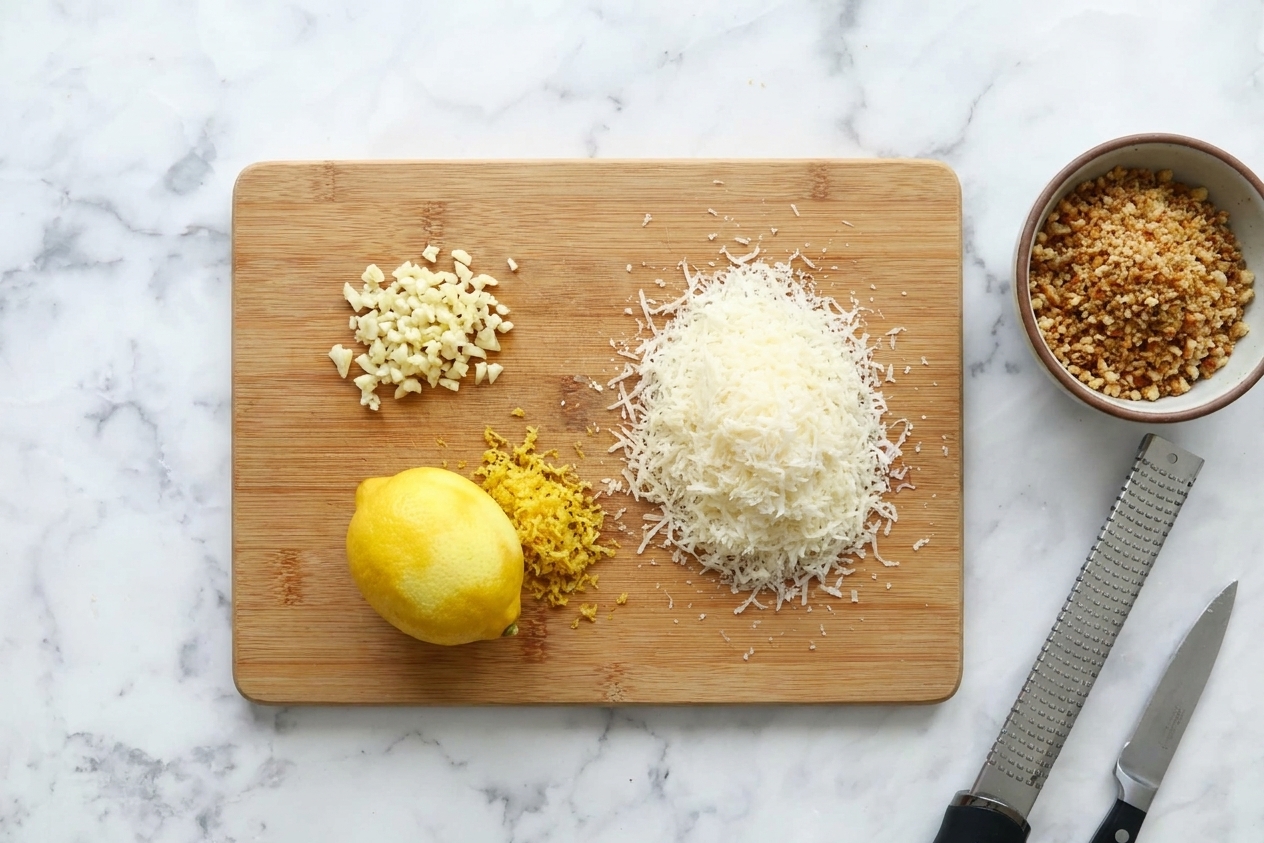 A cutting board with minced garlic, a zested lemon, and a mound of freshly grated parmesan beside a bowl of breadcrumbs