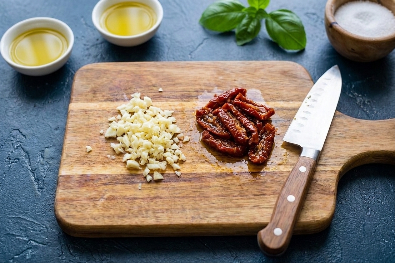 A cutting board with minced garlic and sliced sun-dried tomatoes beside a chef's knife on a kitchen counter