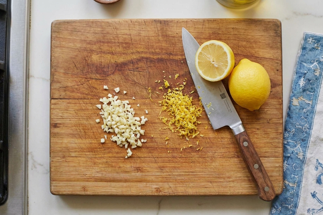 A cutting board with minced garlic, lemon zest, and halved lemon next to a chef's knife on a tidy kitchen counter