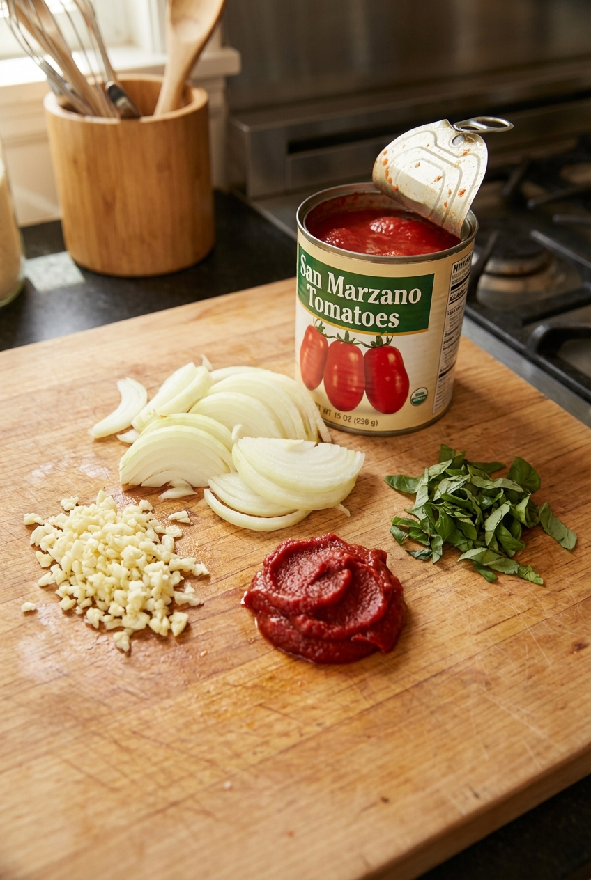 A cutting board with minced garlic, sliced onion, tomato paste, and a small pile of torn basil next to an opened can of San Marzano tomatoes