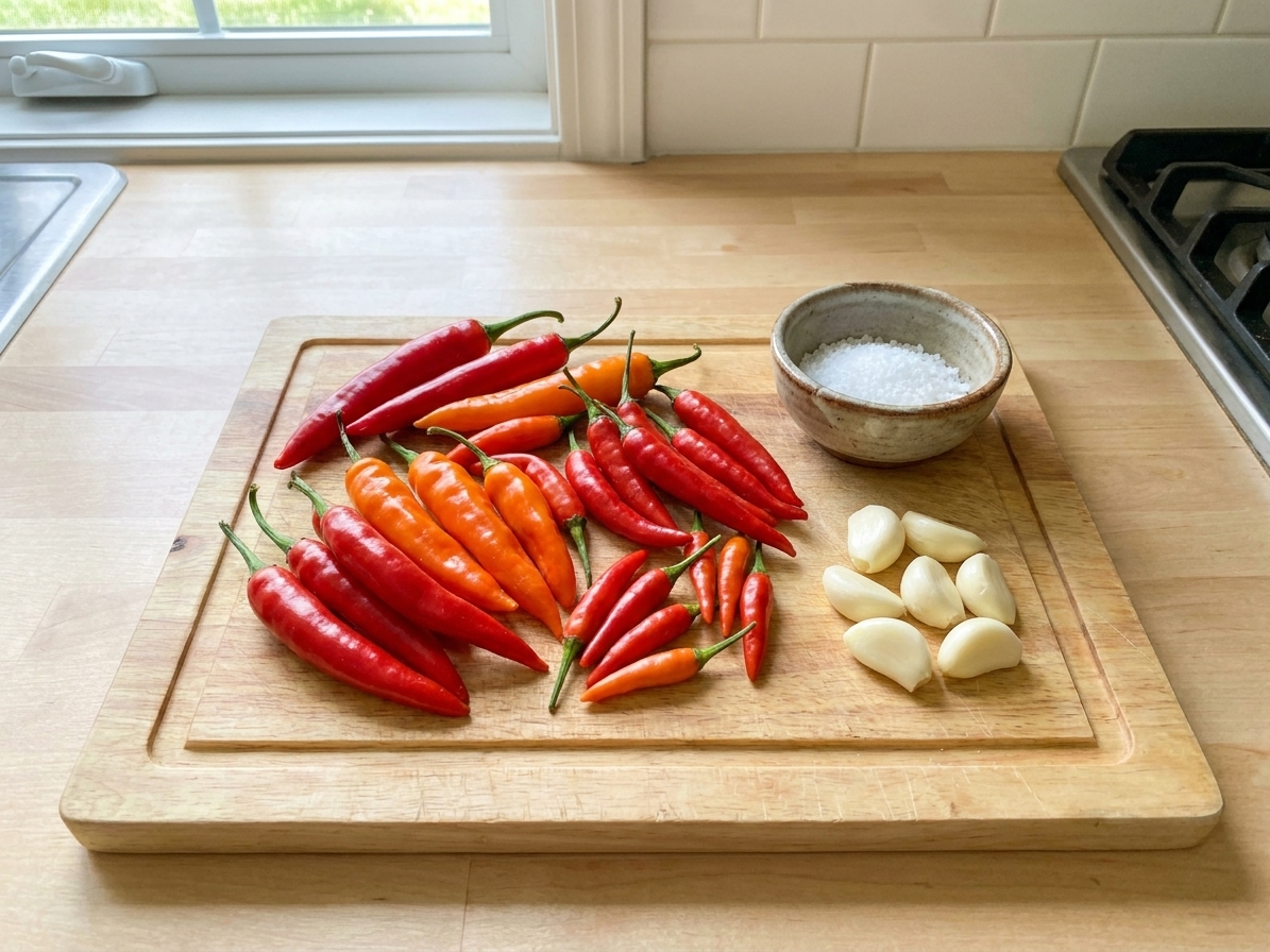 A cutting board with mixed fresh red and orange chiles, peeled garlic cloves, and a small bowl of kosher salt on a bright kitchen counter