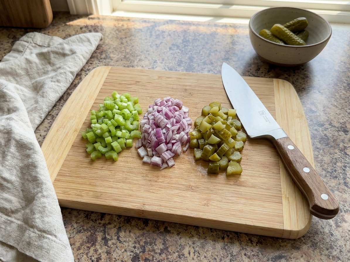 A cutting board with neatly chopped celery, red onion, and dill pickles beside a chef’s knife on a home kitchen counter