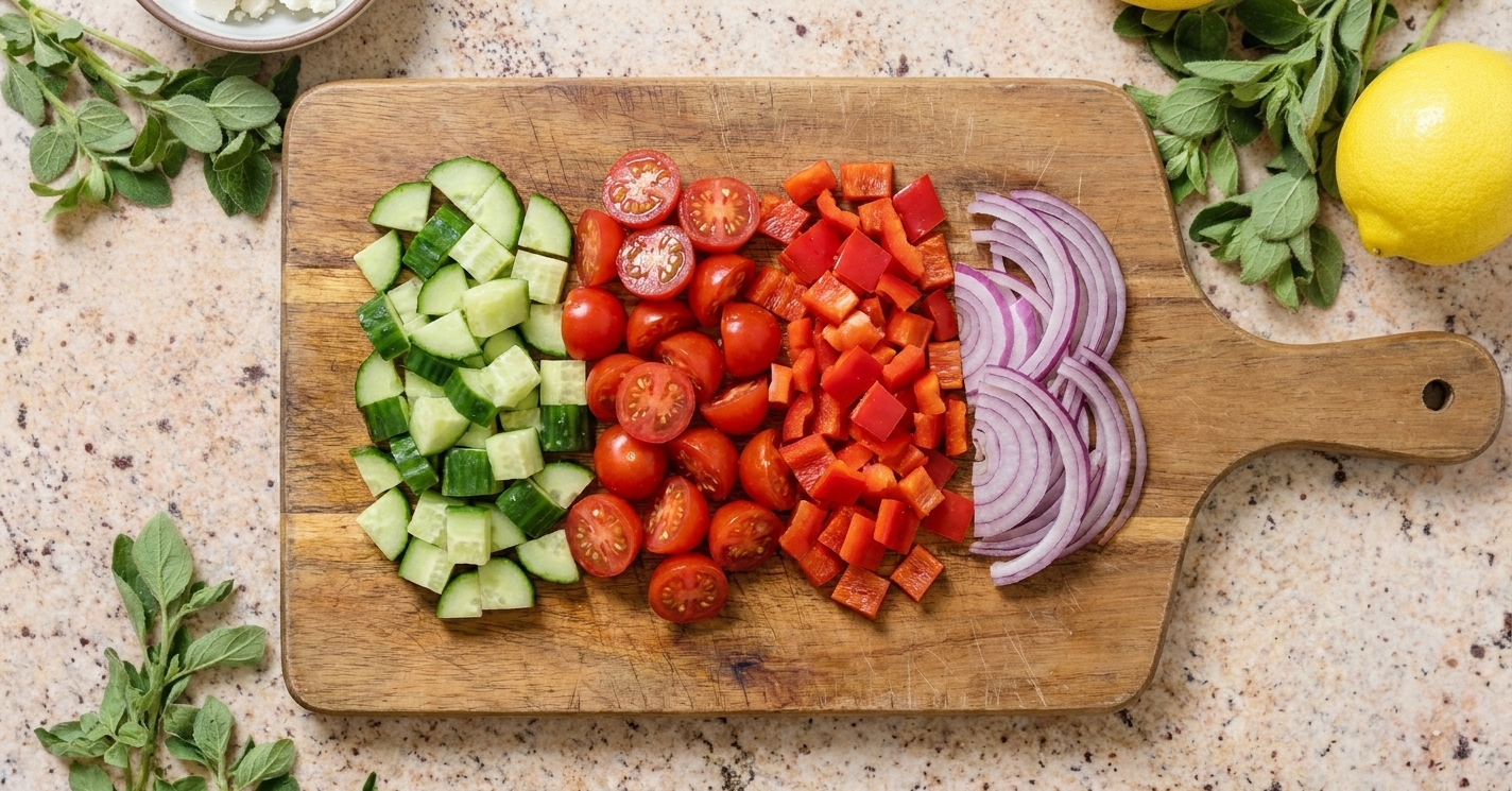 A cutting board with neatly chopped cucumber, halved cherry tomatoes, diced red bell pepper, and sliced red onion ready for Greek pasta salad prep