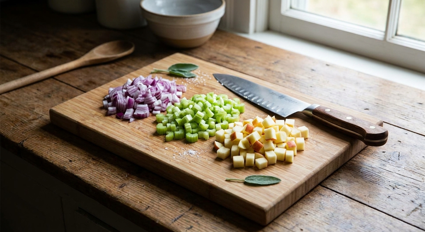 A cutting board with neatly chopped onion, celery, and diced apple next to a chef’s knife on a home kitchen counter