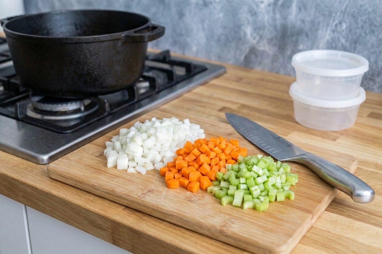 A cutting board with neatly chopped onion, diced carrots, and diced celery next to a chef's knife on a clean kitchen counter