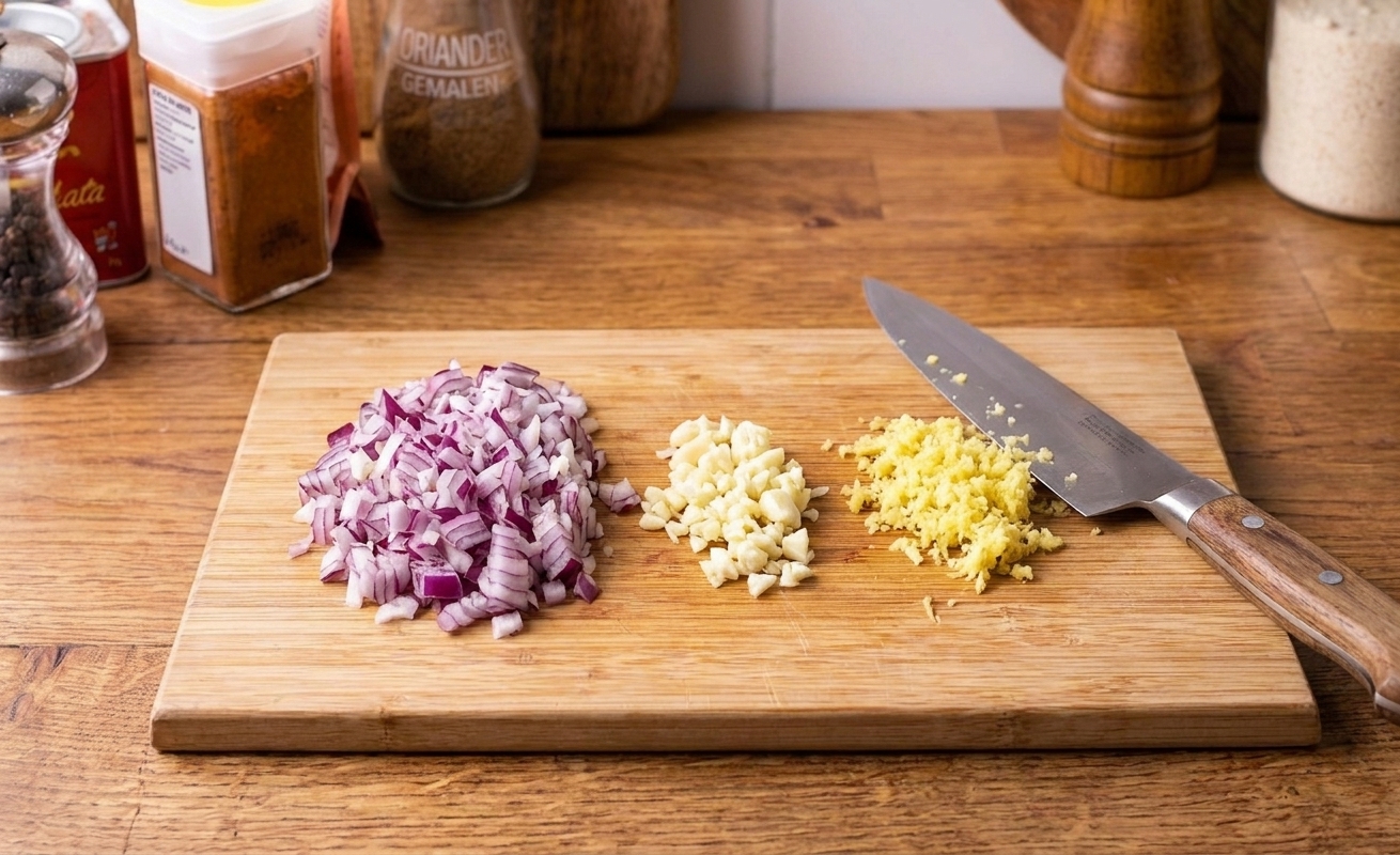 A cutting board with neatly chopped onion, minced garlic, and minced ginger beside a chef's knife on a kitchen counter