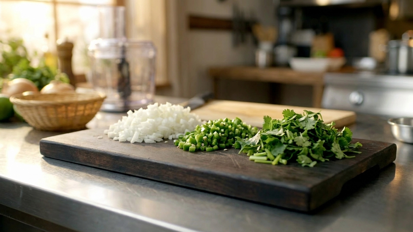 A cutting board with neatly chopped white onion, minced jalapeno, and chopped cilantro in separate piles