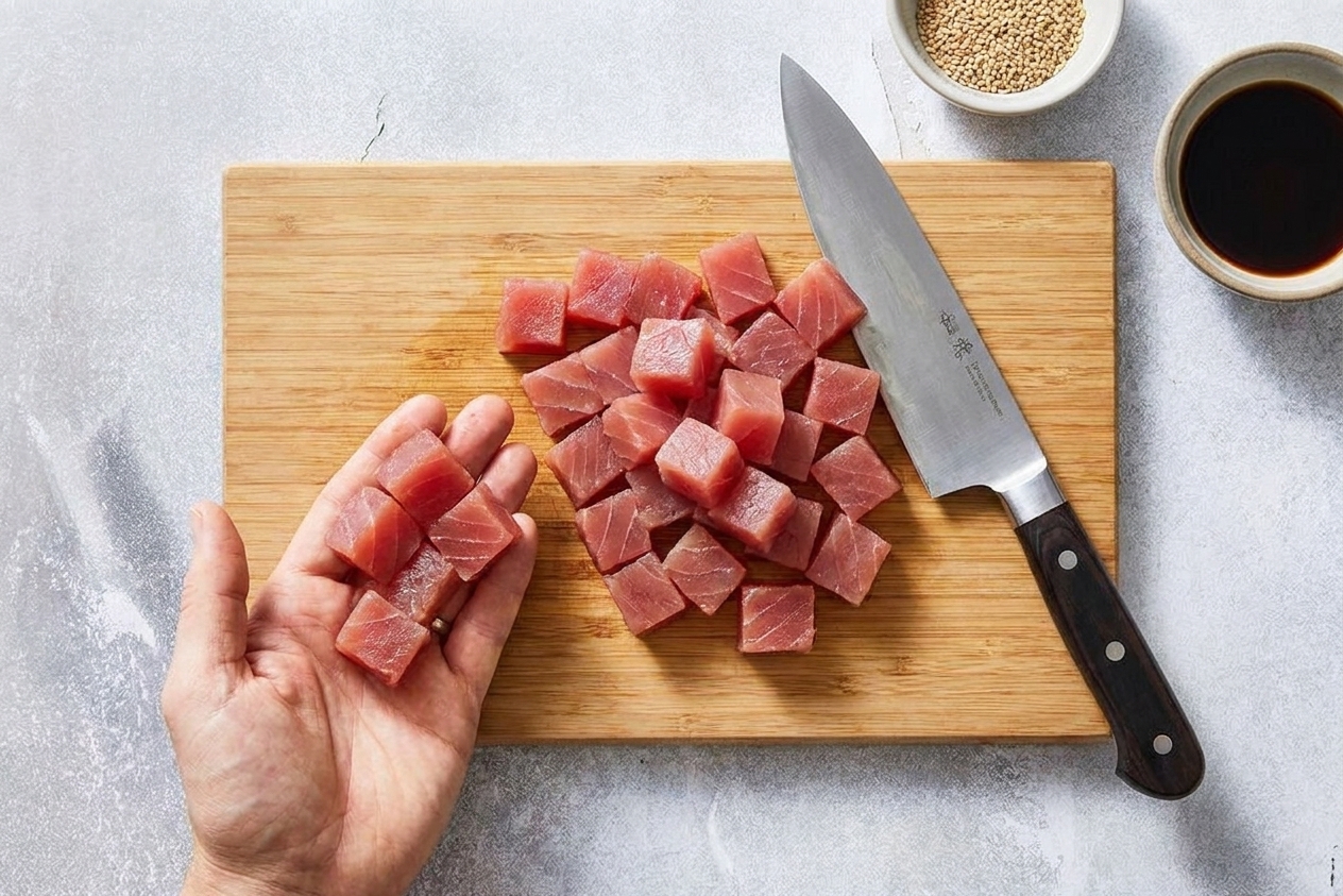 A cutting board with neatly cubed sushi-grade tuna and a chef's knife during prep