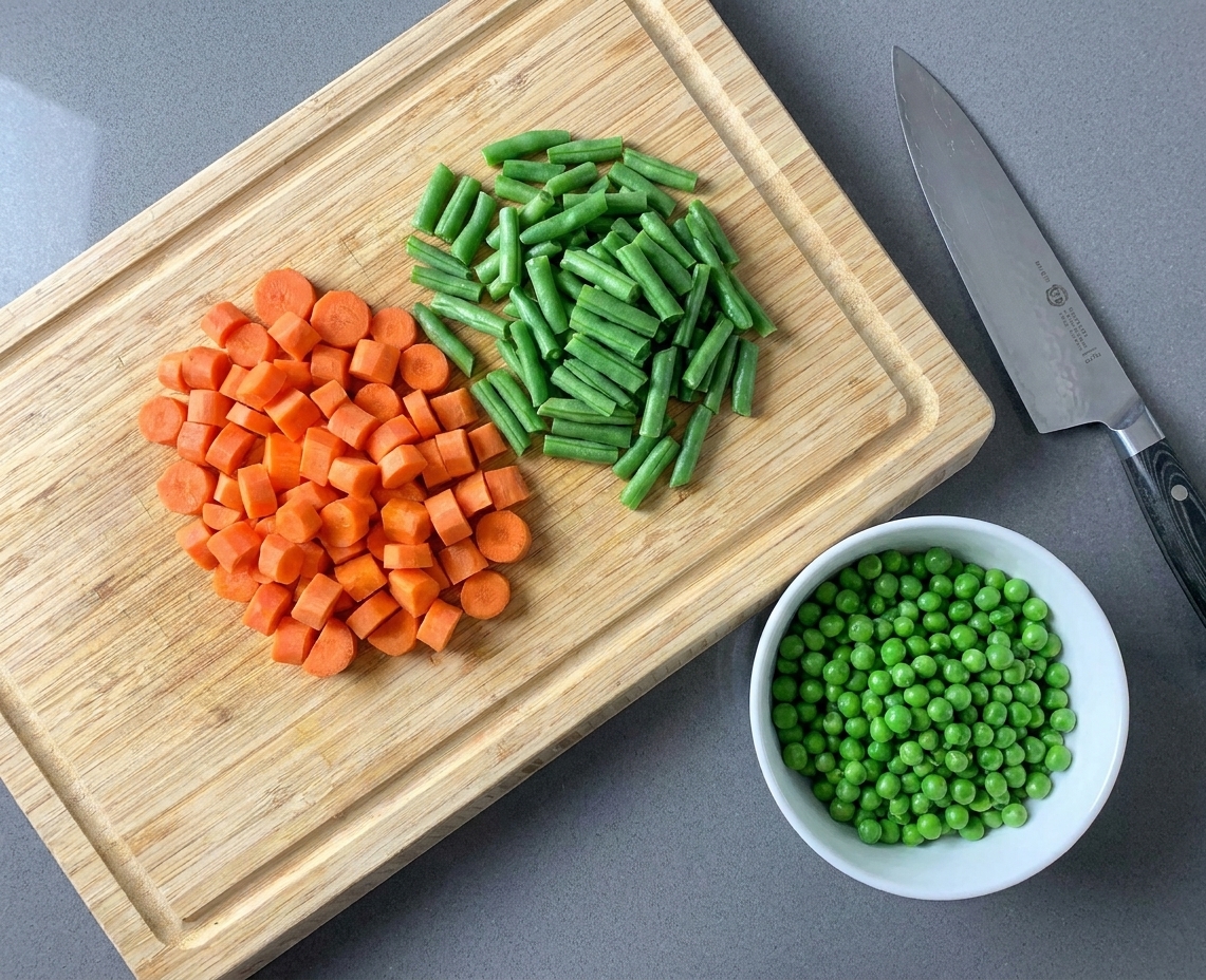 A cutting board with neatly diced carrots and chopped green beans beside a bowl of peas on a bright kitchen counter