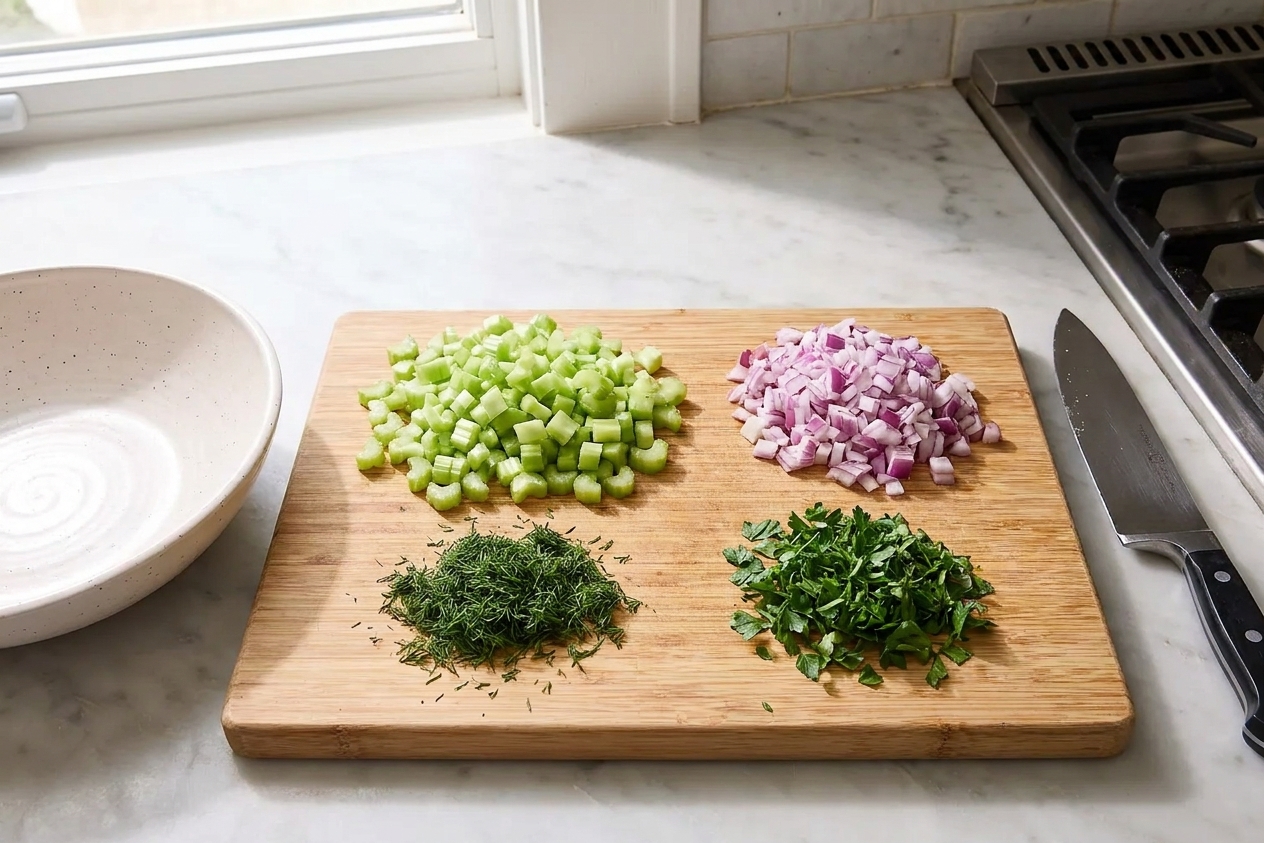 A cutting board with neatly diced celery and red onion next to a small pile of chopped fresh dill and parsley in a bright home kitchen